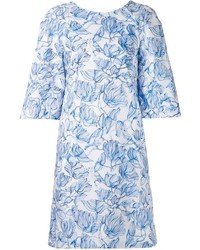 weißes und blaues gerade geschnittenes Kleid mit Blumenmuster