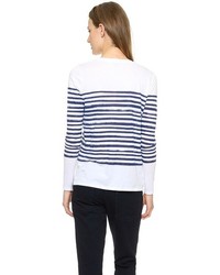 weißes und blaues horizontal gestreiftes Langarmshirt von Vince