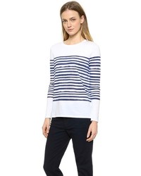 weißes und blaues horizontal gestreiftes Langarmshirt von Vince