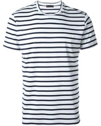 weißes und blaues horizontal gestreiftes T-Shirt mit einem Rundhalsausschnitt von Etro