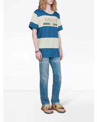 weißes und blaues horizontal gestreiftes T-Shirt mit einem Rundhalsausschnitt von Gucci