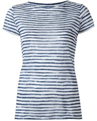 weißes und blaues horizontal gestreiftes T-Shirt mit einem Rundhalsausschnitt von Majestic Filatures