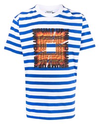weißes und blaues horizontal gestreiftes T-Shirt mit einem Rundhalsausschnitt von Marcelo Burlon County of Milan