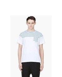 weißes und blaues horizontal gestreiftes T-Shirt mit einem Rundhalsausschnitt von Sacai