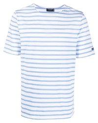 weißes und blaues horizontal gestreiftes T-Shirt mit einem Rundhalsausschnitt von Saint James