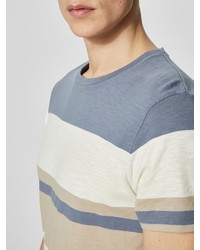 weißes und blaues horizontal gestreiftes T-Shirt mit einem Rundhalsausschnitt von Selected Homme