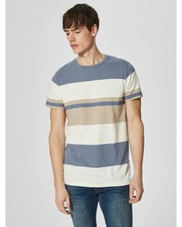 weißes und blaues horizontal gestreiftes T-Shirt mit einem Rundhalsausschnitt von Selected Homme