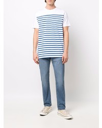 weißes und blaues horizontal gestreiftes T-Shirt mit einem Rundhalsausschnitt von A.P.C.