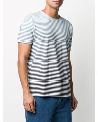 weißes und blaues horizontal gestreiftes T-Shirt mit einem Rundhalsausschnitt von Majestic Filatures