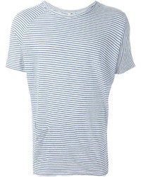 weißes und blaues horizontal gestreiftes T-Shirt mit einem Rundhalsausschnitt