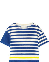 weißes und blaues horizontal gestreiftes T-Shirt mit einem Rundhalsausschnitt