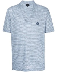 weißes und blaues horizontal gestreiftes T-Shirt mit einem V-Ausschnitt von Giorgio Armani