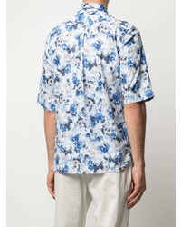 weißes und blaues Kurzarmhemd mit Blumenmuster von Xacus