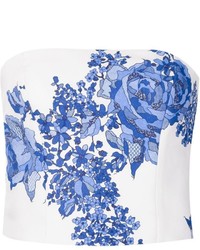weißes und blaues kurzes Oberteil mit Blumenmuster von Monique Lhuillier