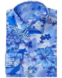 weißes und blaues Langarmhemd mit Blumenmuster