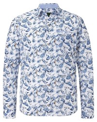 weißes und blaues Langarmhemd mit Blumenmuster von Charles Colby