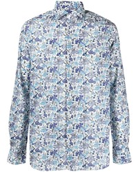 weißes und blaues Langarmhemd mit Blumenmuster von Xacus
