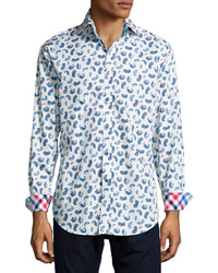 weißes und blaues Langarmhemd mit Paisley-Muster