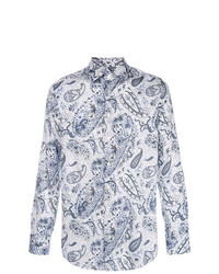 weißes und blaues Langarmhemd mit Paisley-Muster von Etro