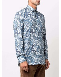 weißes und blaues Langarmhemd mit Paisley-Muster von Etro