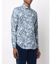 weißes und blaues Langarmhemd mit Paisley-Muster von Etro