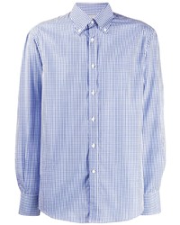 weißes und blaues Langarmhemd mit Vichy-Muster von Brunello Cucinelli