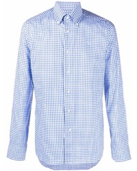 weißes und blaues Langarmhemd mit Vichy-Muster von Canali
