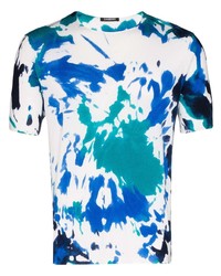 weißes und blaues Mit Batikmuster T-Shirt mit einem Rundhalsausschnitt von Canessa