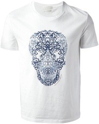 weißes und blaues T-Shirt mit einem Rundhalsausschnitt mit Blumenmuster von Alexander McQueen
