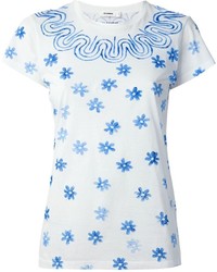 weißes und blaues T-Shirt mit einem Rundhalsausschnitt mit Blumenmuster von Jil Sander