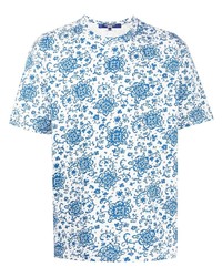 weißes und blaues T-Shirt mit einem Rundhalsausschnitt mit Blumenmuster von Junya Watanabe
