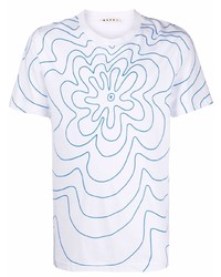 weißes und blaues T-Shirt mit einem Rundhalsausschnitt mit Blumenmuster von Marni
