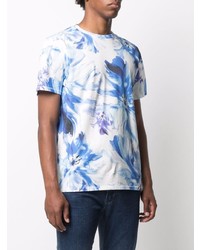 weißes und blaues T-Shirt mit einem Rundhalsausschnitt mit Blumenmuster von Just Cavalli