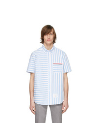 weißes und blaues vertikal gestreiftes Kurzarmhemd von Thom Browne