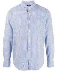 weißes und blaues vertikal gestreiftes Langarmhemd aus Seersucker von Deperlu
