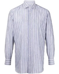 weißes und blaues vertikal gestreiftes Langarmhemd von Brioni