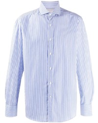 weißes und blaues vertikal gestreiftes Langarmhemd von Brunello Cucinelli