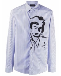 weißes und blaues vertikal gestreiftes Langarmhemd von Emporio Armani