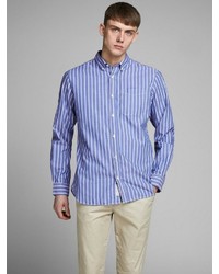 weißes und blaues vertikal gestreiftes Langarmhemd von Jack & Jones