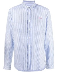 weißes und blaues vertikal gestreiftes Langarmhemd von Maison Labiche