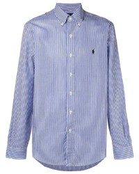 weißes und blaues vertikal gestreiftes Langarmhemd von Ralph Lauren