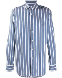 weißes und blaues vertikal gestreiftes Langarmhemd von Xacus