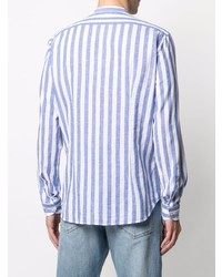 weißes und blaues vertikal gestreiftes Leinen Langarmhemd von Manuel Ritz