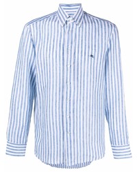 weißes und blaues vertikal gestreiftes Leinen Langarmhemd von Etro