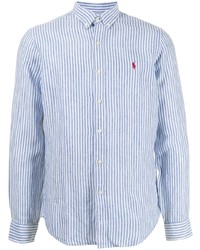 weißes und blaues vertikal gestreiftes Leinen Langarmhemd von Polo Ralph Lauren