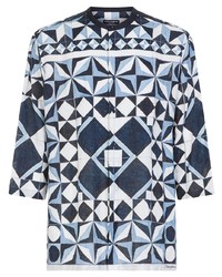 weißes und dunkelblaues bedrucktes Langarmhemd von Dolce & Gabbana