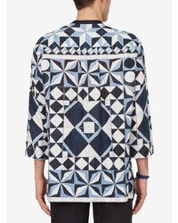 weißes und dunkelblaues bedrucktes Langarmhemd von Dolce & Gabbana
