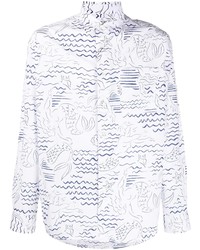 weißes und dunkelblaues bedrucktes Langarmhemd von Kenzo