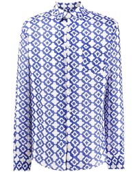 weißes und dunkelblaues bedrucktes Langarmhemd von PENINSULA SWIMWEA