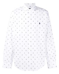 weißes und dunkelblaues bedrucktes Langarmhemd von Polo Ralph Lauren